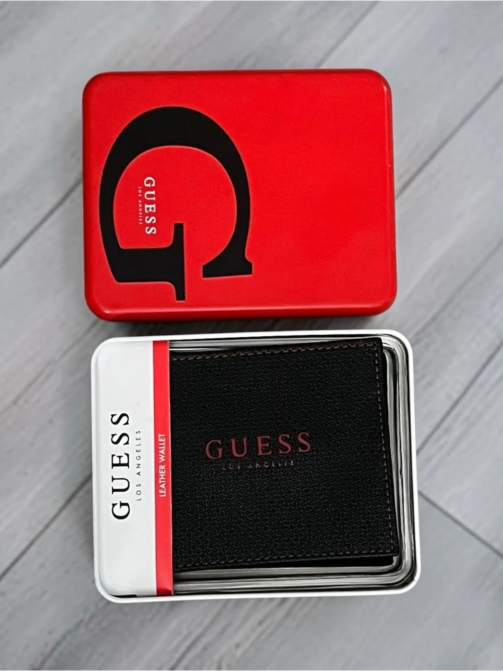 Guess Black Leather Card Holder with Red Logo and Red Tin